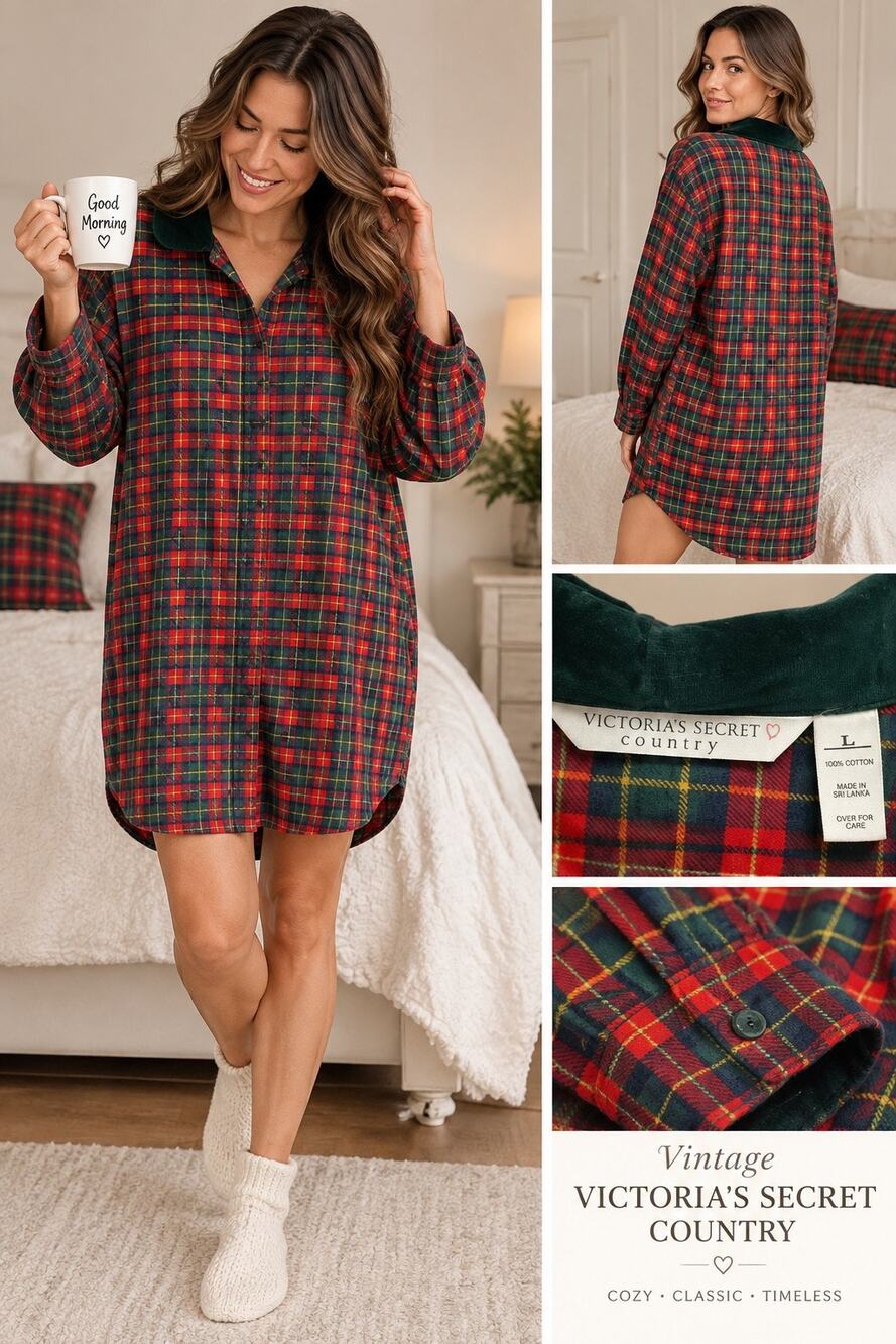 Vintage Victoria’s Secret Country Plaid Flannel Gown Dress Green Red Tartan L